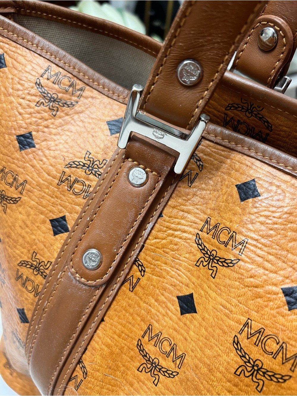 MCM Cognac Visetos Monogram Tote with Black Heart Charm - Picture 11 of 16
